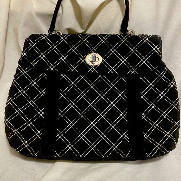 Vera Bradley Handbags - Vera Bradley Spectator Purse Handbag Black Microfiber White Stitching Turn Lock